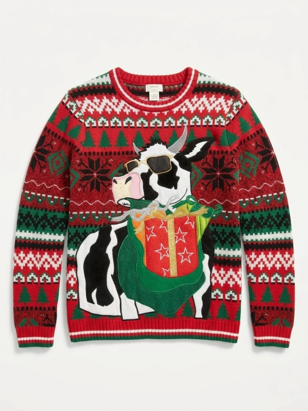 Holiday Time Cool Cow Ugly Christmas Sweater - Red Fair Isle Knit